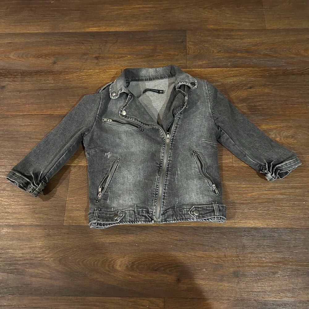 ZARA Woman Gray Denim Moto Jacket Zip Front‎ Women's Small Used - Excellent